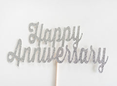 Happy Anniversary Script Cake Topper, Silver Glitter, Gold, Black, Pink, Blue, Calligraphy, Hand Writing, Party Decor, Decoration, Theme - Pretty Day