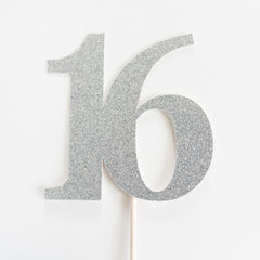 Sweet 16 Cake topper, Silver Glitter, sixteen, 16th, sixteenth birthday party decorations, decor, theme, celebration - Pretty Day