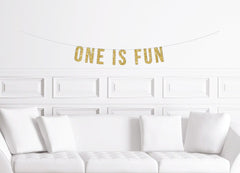 One is Fun Banner / Gold Glitter First Birthday Wall Sign / Boy&#39;s Girl&#39;s 1st Birthday Party / One Theme Ideas / Decor Decorations - Pretty Day