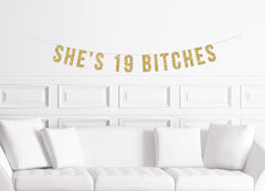 She&#39;s 19 Bitches Banner / Gold Glitter Birthday Sign  / Women&#39;s Banner/ Girl&#39;s Birthday Party/  19th nineteen nineteenth Decoration / Decor - Pretty Day