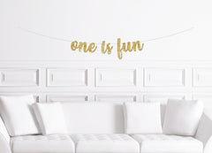 One is Fun Cursive  Banner / Gold Glitter Script  First Birthday Wall Sign / Boy&#39;s Girl&#39;s 1st Birthday Party / One Theme Ideas / Decor - Pretty Day