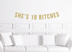 She&#39;s 18 Bitches Banner / Gold Glitter Birthday Sign  / Women&#39;s Banner/ Girl&#39;s Birthday Party/  18th eighteen eighteenth Decoration / Decor - Pretty Day