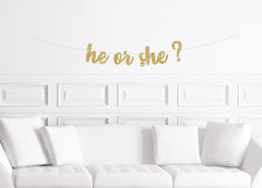 He or She Cursive Banner / Gold Glitter Script Gender Reveal Sign / Boy or Girl Decorations / Decor Gender Reveal Party / Modern Baby Shower - Pretty Day