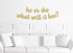 He or She What Will It Be? Script  Banner / Gold Glitter Cursive Gender Reveal Sign / Decorations / Decor for a Gender Reveal Baby Shower - Pretty Day