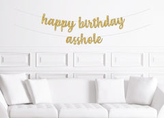 Happy Birthday Asshole Cursive Banner / Gold Glitter Script Funny Birthday Party Sign / Men&#39;s Birthday / Husband Boyfriend Sister / Joke Fun - Pretty Day