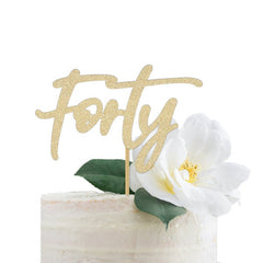 Forty Cake Topper 40th Birthday Decoration  Written Out Gold Glitter Script Sign Forty & Fab Fortieth  woman wife party centerpiece - Pretty Day