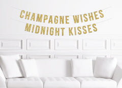 Happy New Years Banner Gold | Champagne Wishes Midnight Kisses Sign 2021 - Pretty Day