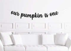 Our Little Pumpkin is One Fall 1st Birthday Cursive Banner, Decorations for a Autumn First Birthday - Pretty Day