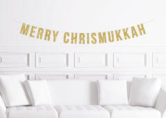 Merry Christmukkah Party Banner Decorations, Hanukkah Christmas Sign Gold Glitter Multicultural Non Denominational - Pretty Day