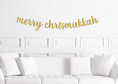 Merry Christmukkah Party Banner Decorations, Hanukkah Christmas Sign Gold Glitter Multicultural Non Denominational - Pretty Day