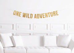 One Wild Adventure Banner , Gold Glitter First Birthday Sign , Wilderness Forest Theme Decor , Boy&#39;s Party, 1st Bohemian Safari Jungle - Pretty Day