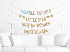 Twin Gender Reveal Decorations, Twinkle Twinkle Little Star Banner for a Twin Baby Shower, How We Wonder What You Are Decor - Pretty Day