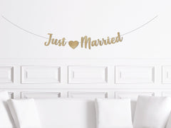 Just Married Banner Garland Sign, Newlywed Photo Prop, Car Sign, Just Married Wedding Pennant Backdrop - Pretty Day